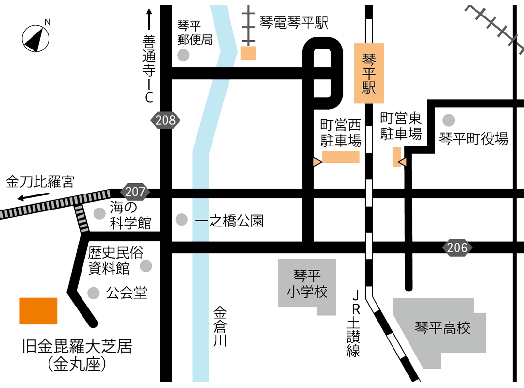 旧金毘羅大芝居（金丸座）地図